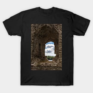 River and clouds through ruins of Koknese Castle T-Shirt